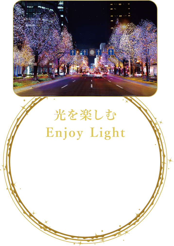 光を楽しむ Enjoy Light 大阪の歴史やエリアの特徴を活かした7つのゾーンで樹木をライトアップします。樹木イルミネーション 周辺ライトアップ